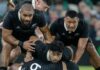 Patrick Tuipulotu #19 of New Zealand is protected by teammates in the build up to the France vs New Zealand Autumn Internationals match.