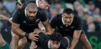 Patrick Tuipulotu #19 of New Zealand is protected by teammates in the build up to the France vs New Zealand Autumn Internationals match.