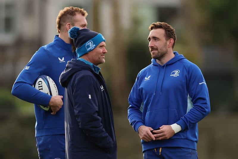 Leinster conclave:  RG Snyman, senior coach Jacques Nienaber and captain Jack Conan at squad training in UCD. Photograph: James Crombie/Inpho