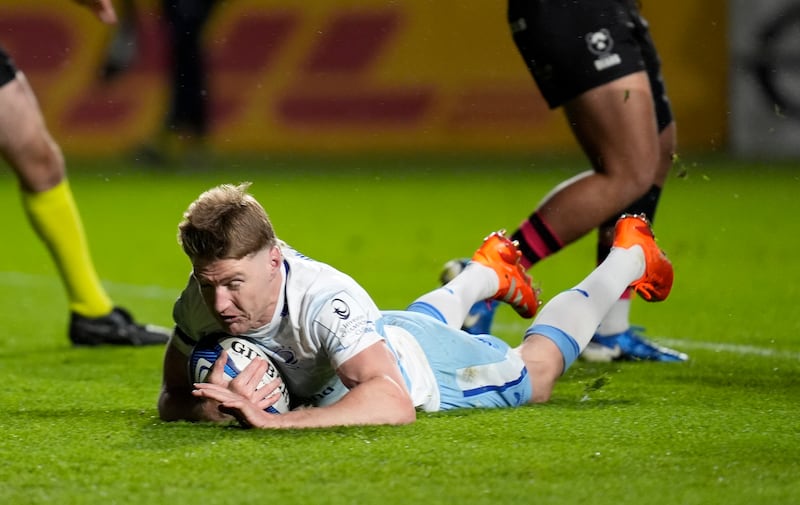 Jordie Barrett scores a try for Leinster. Photograph: Andrew Matthews/PA