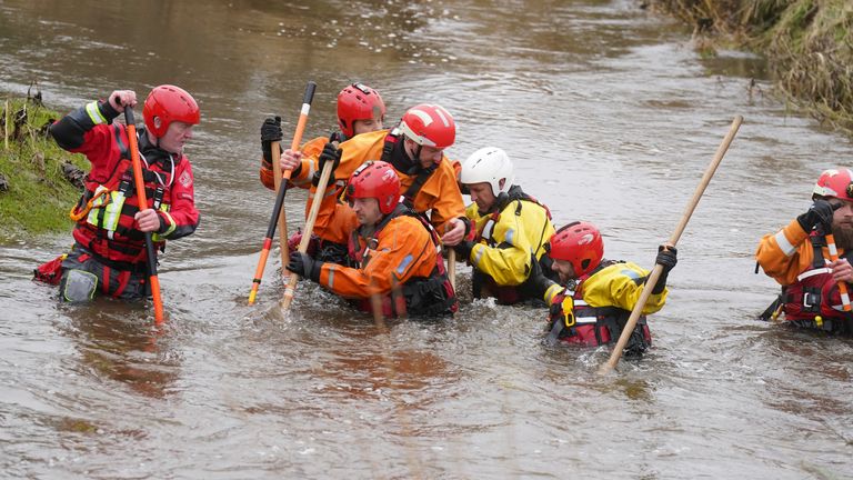 Members of a search and rescue team during a search operation at Abberwick Ford on the River Aln near Alnwick, Northumberland, for former England rugby player Tom Voyce, who is believed to have died after apparently trying to cross a flood-swollen river in his car during Storm Darragh. Picture date: Wednesday December 11, 2024. PA Photo. See PA story POLICE Voyce. Photo credit should read: Owen Humphreys/PA Wire