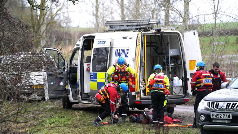 Members of the Police Marine Unit at the scene at Abberwick Ford on the River Aln near Alnwick.
Pic: PA