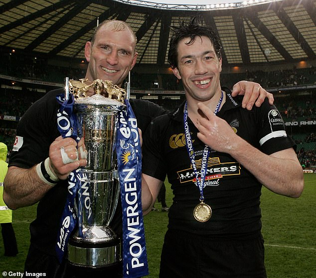 The sportsman won nine caps for England during his career, and in club rugby played for teams including London Wasps, Bath, and Gloucester. Tom, right, in 2005 with Lawrence Dallaglio