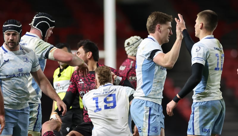 Leinster’s Jordie Barrett celebrates a turnover with Sam Prendergast against Bristol Bears at Ashton Gate. Photograph: James Crombie/Inpho
