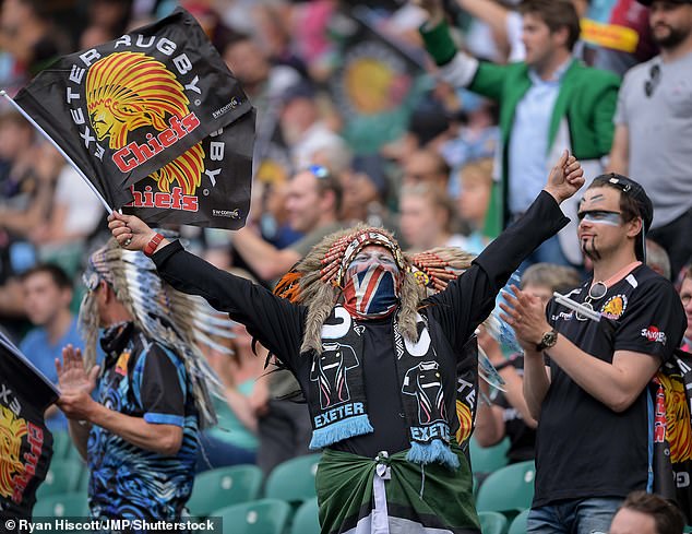 Headdresses have been worn by Exeter fans since the club first rebranded in 1999 (Pictured: Fans in June 2021)