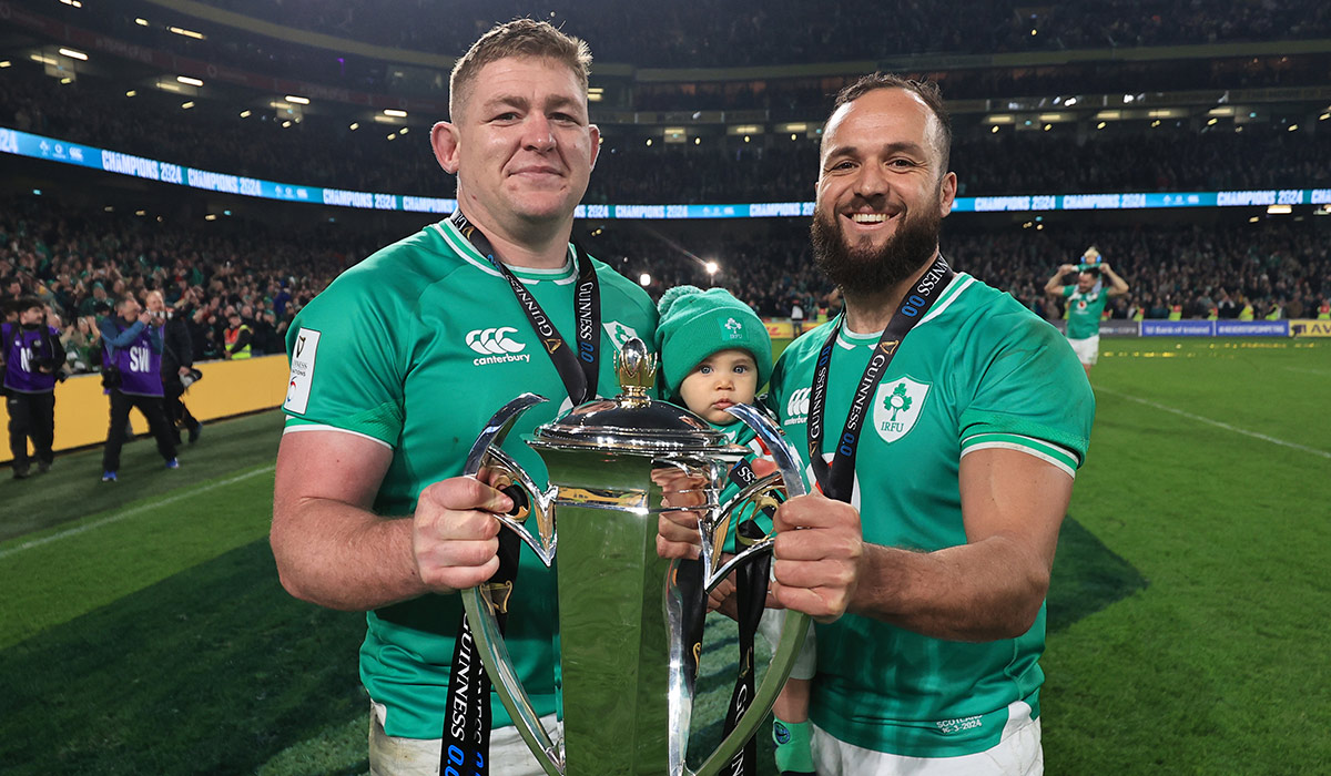 2024 Guinness Six Nations Championship Round 5, Aviva Stadium, Dublin 16/3/2024 Ireland vs Scotland Ireland's Tadhg Furlong and Jamison Gibson-Park celebrate with the trophy. Pic: INPHO/Dan Sheridan