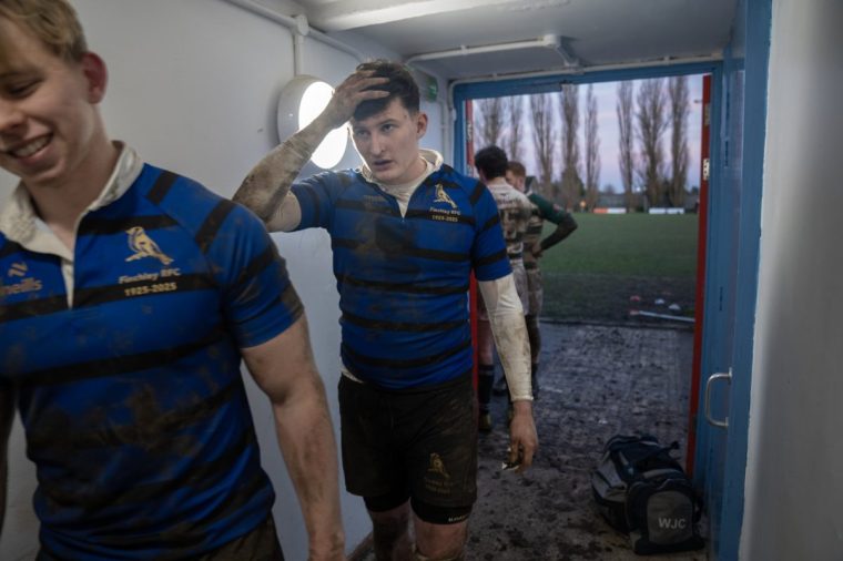 The disapointment of a close defeat on the face of players as Finchley RFC play a Saturday afternoon match against Ealing Trailfinders. A close match in which the hosts Finchley lost 24-26. 14/12/24. Photo Tom Pilston