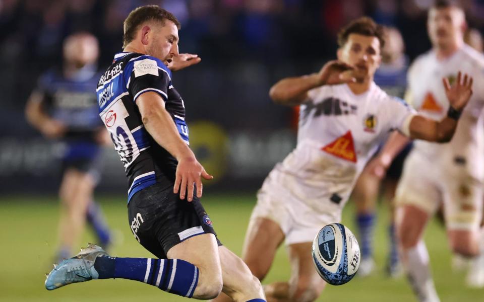 Bath's Finn Russell kicks for touch on November 30