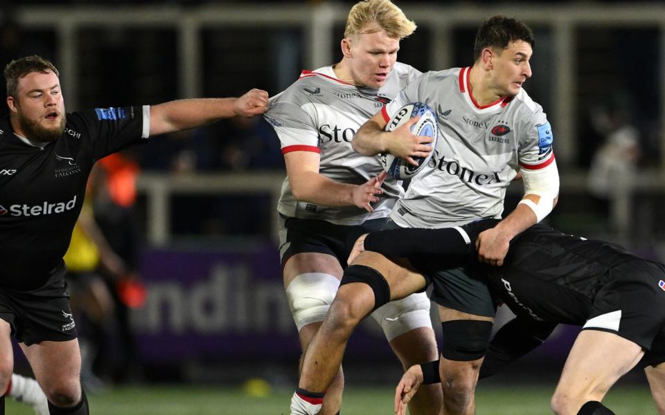 Juan Martin Gonzalez makes a break for Saracens against Newcastle Falcons on November 29