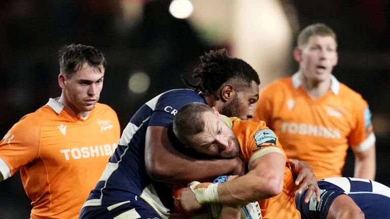 Bristol Bears' Viliame Mata (left) tackles Sale Sharks' Sam Bedlow at Ashton Gate