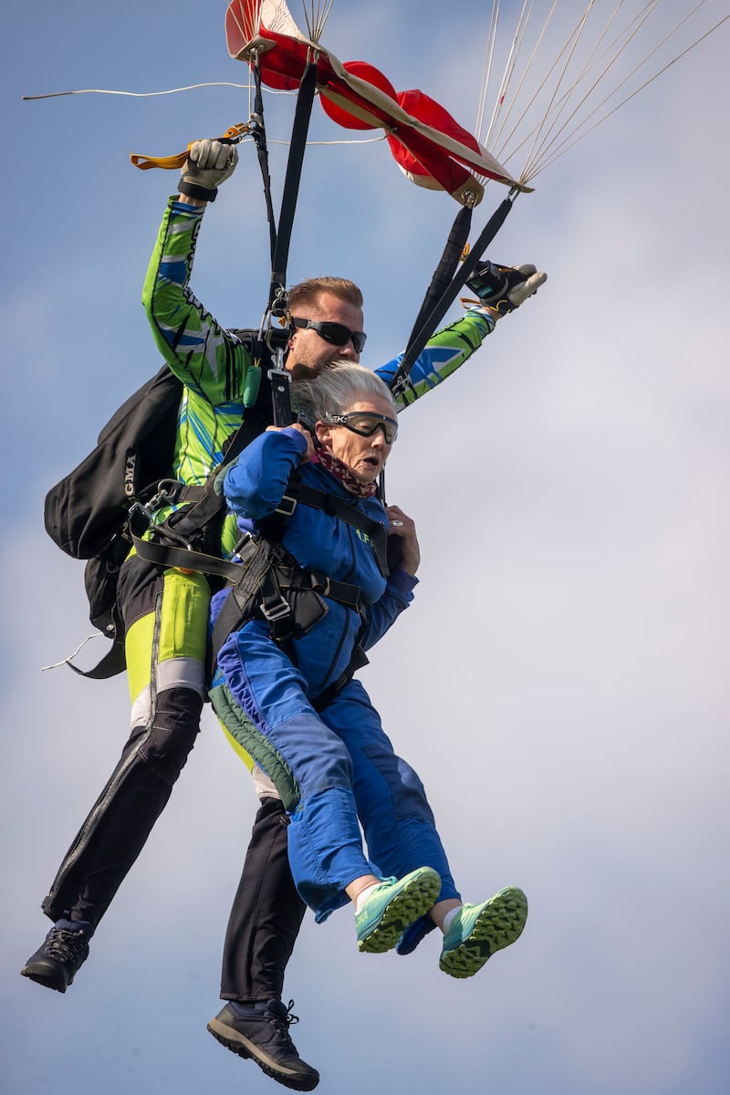 Leilia Doolan and Tandem Master Lukasz Kucharski, do a parachute jump at Irish Parachute Club, Clonbullogue, Co Offaly. Photograph: Tom Honan for The Irish Times.