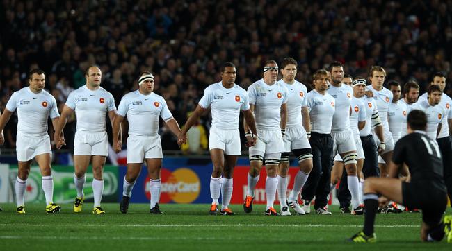 France advance on the Kiwi haka before the 2011