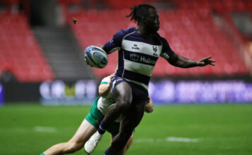 Bristol Bears' Gabriel Ibitoye runs with the ball in his team's Premiership match against Northampton Saints in October 2024.