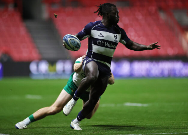 Bristol Bears' Gabriel Ibitoye runs with the ball in his team's Premiership match against Northampton Saints in October 2024.