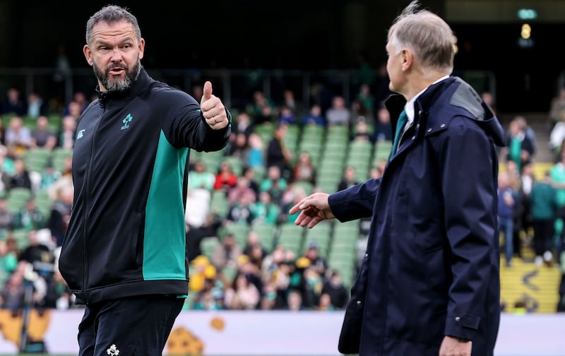 Ireland head coach Andy Farrell and Australia's counterpart Joe Schmidt 
after the Test match at the Aviva Stadium. Photograph: Dan Sheridan/Inpho