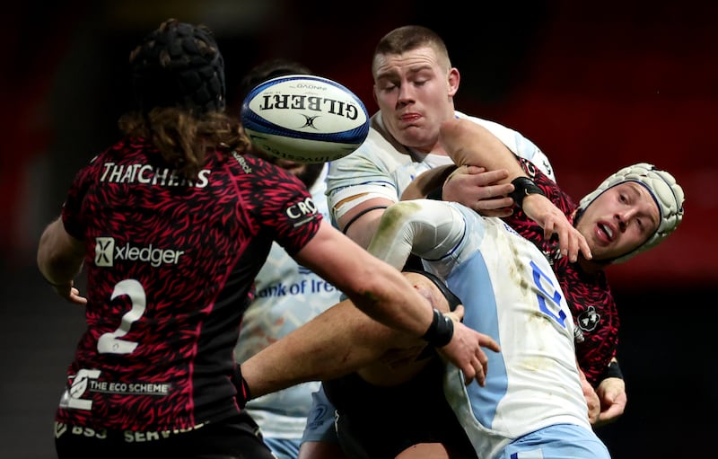 Leinster’s Jack Boyle and Jamison Gibson-Park tackle Fitz Harding of Bristol Bears during the Champions Cup clash at Ashton Gate. Photograph: James Crombie/Inpho