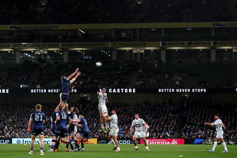 During the Investec Champions Cup Round 2 at the Aviva Stadium, Dublin, Leinster take from a linout against ASM Clermont Auvergne. Photograph: Ben Brady/Inpho