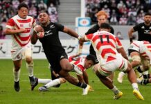 RUGBY/ All Blacks fully stretched by Japan before winning 38-31