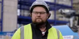 PPP Carl Walmsley at work at Sellafield is wearing a hi-vis jacket yellow jacket and hard hat.