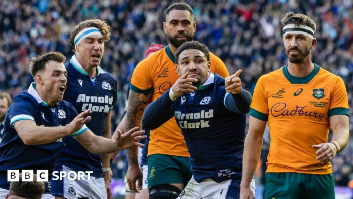 Sione Tuipulotu celebrates scoring a try for Scotland