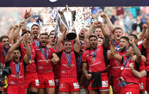 Antoine Dupont lifts the 2024 European Rugby Champions Cup at the Tottenham Hotspur Stadium.