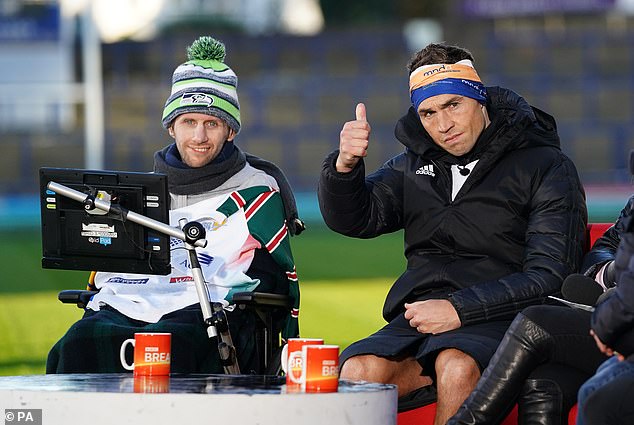 Kevin Sinfield, with Rob Burrow, being interviewed at Headingley Stadium after completing the Extra Mile Challenge from Leicester to Leeds on November 23, 2021