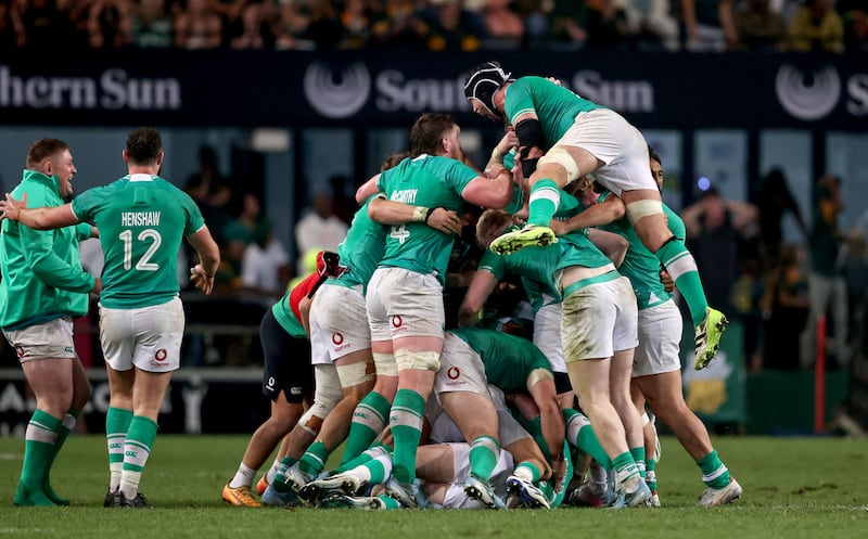 Ireland celebrate Ciaran Frawley's match-winning drop goal against South Africa in Durban last July. Photograph: Dan Sheridan/Inpho 