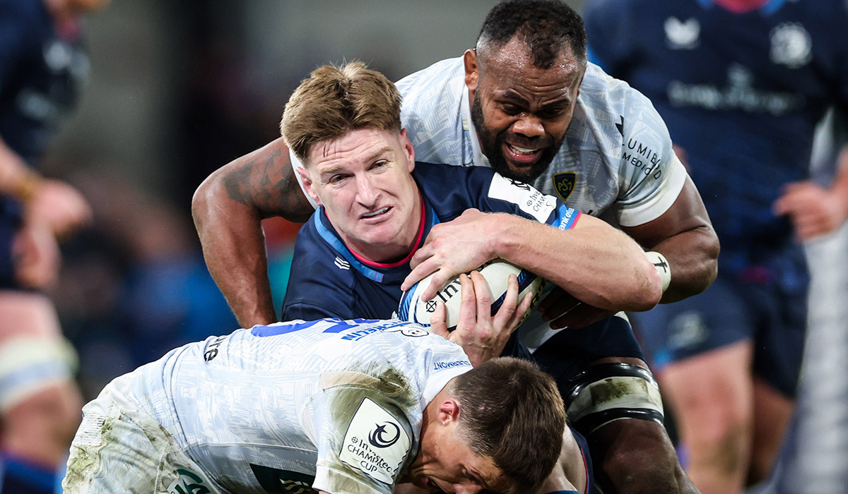 Investec Champions Cup Round 2, Aviva Stadium, Dublin 14/12/2024 Leinster vs ASM Clermont Auvergne Leinster's Jordie Barrett is tackled by Peceli Yato of ASM Clermont Auvergne. Pic: INPHO/Billy Stickland