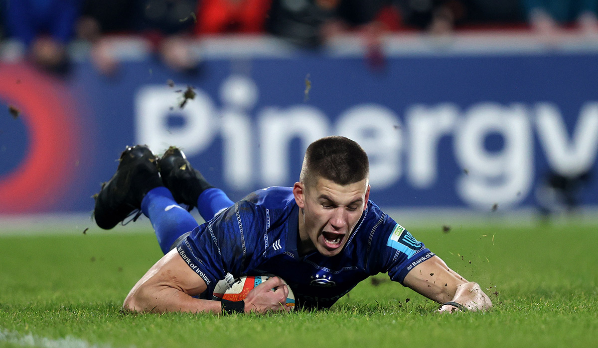 BKT United Rugby Championship, Thomond Park, Limerick 2712/2024 Munster vs Leinster Leinster's Sam Prendergast scores a try. Pic: INPHO/Bryan Keane