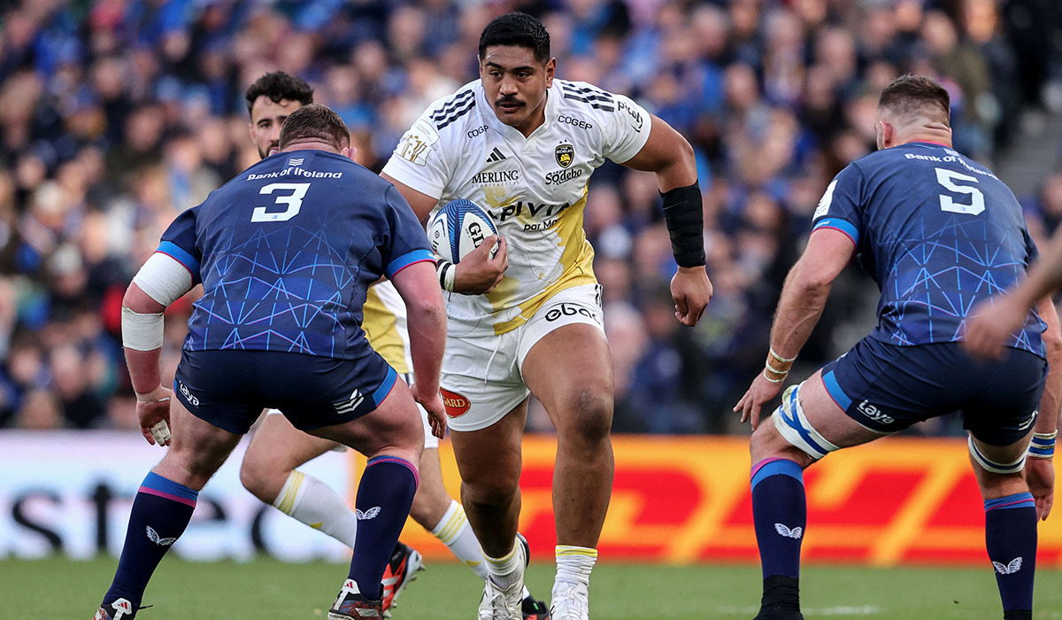 Investec Champions Cup Quarter-Final, Aviva Stadium, Dublin 13/4/2024 Leinster vs La Rochelle Stade Rochelais' Will Skelton comes up against Tadhg Furlong of Leinster. Pic: INPHO/Dan Sheridan