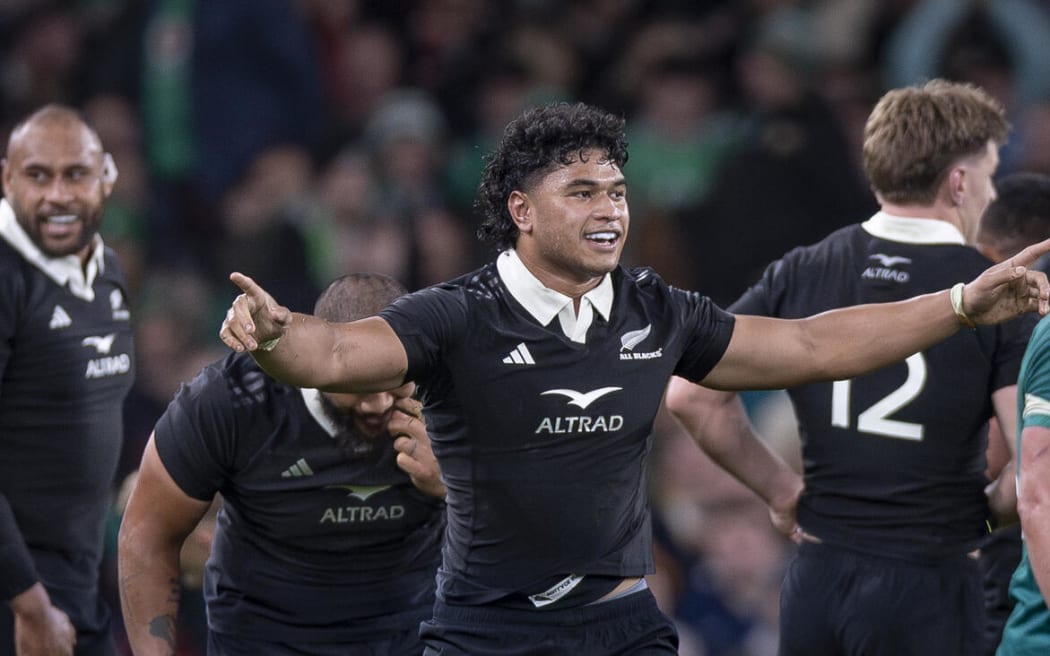 All Black Wallace Sititi celebrates at full-time following their win in the All Blacks v Ireland match.