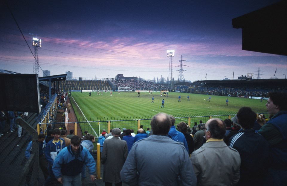 General view of a football match at Plough Lane, Wimbledon FC's home, circa 1987.