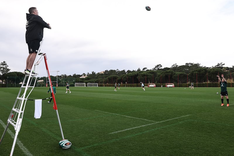 Ireland scrum coach John Fogarty (left) awaits a ball from Cian Healy. Photograph: Ben Brady/Inpho