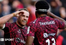 James Williams celebrates his try