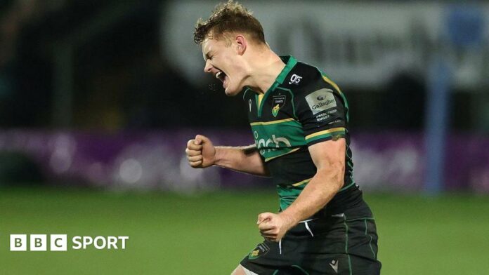 Fin Smith is elated following his match-winning penalty for Northampton Saints against Bath