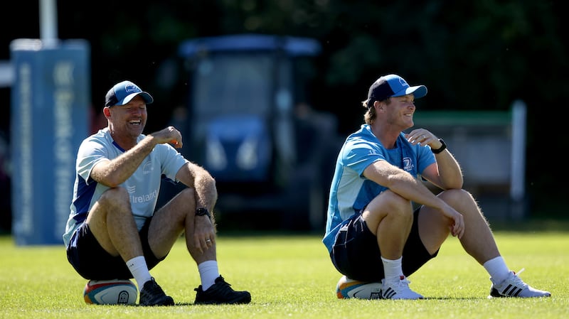 Senior Leinster Rugby coach Jacques Nienaber (left) with assistant coach Tyler Bleyendaal at squad training, Rosemount, UCD, Dublin, last year. 
Photograph: Ben Brady/Inpho