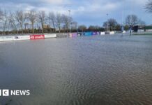 Wide shot of rugby pitches completely submerged, with goal posts and advertising boards the only items visible. Trees are in the background. 