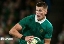 Sam Prendergast runs with the ball during Ireland's win over Australia in November