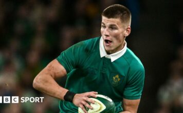 Sam Prendergast runs with the ball during Ireland's win over Australia in November