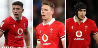 Josh Adams, Liam Williams and Dafydd Jenkins