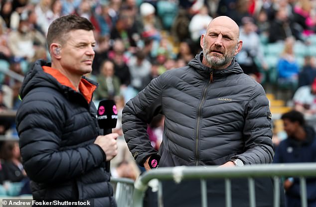 Former Ireland rugby player Brian O'Driscoll and Lawrence Dallaglio commentating for TNT sports at the Harlequins v Northampton Saints match in April 2024