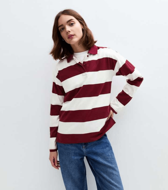 Burgundy Rugby Striped Long Sleeve Top by New Look