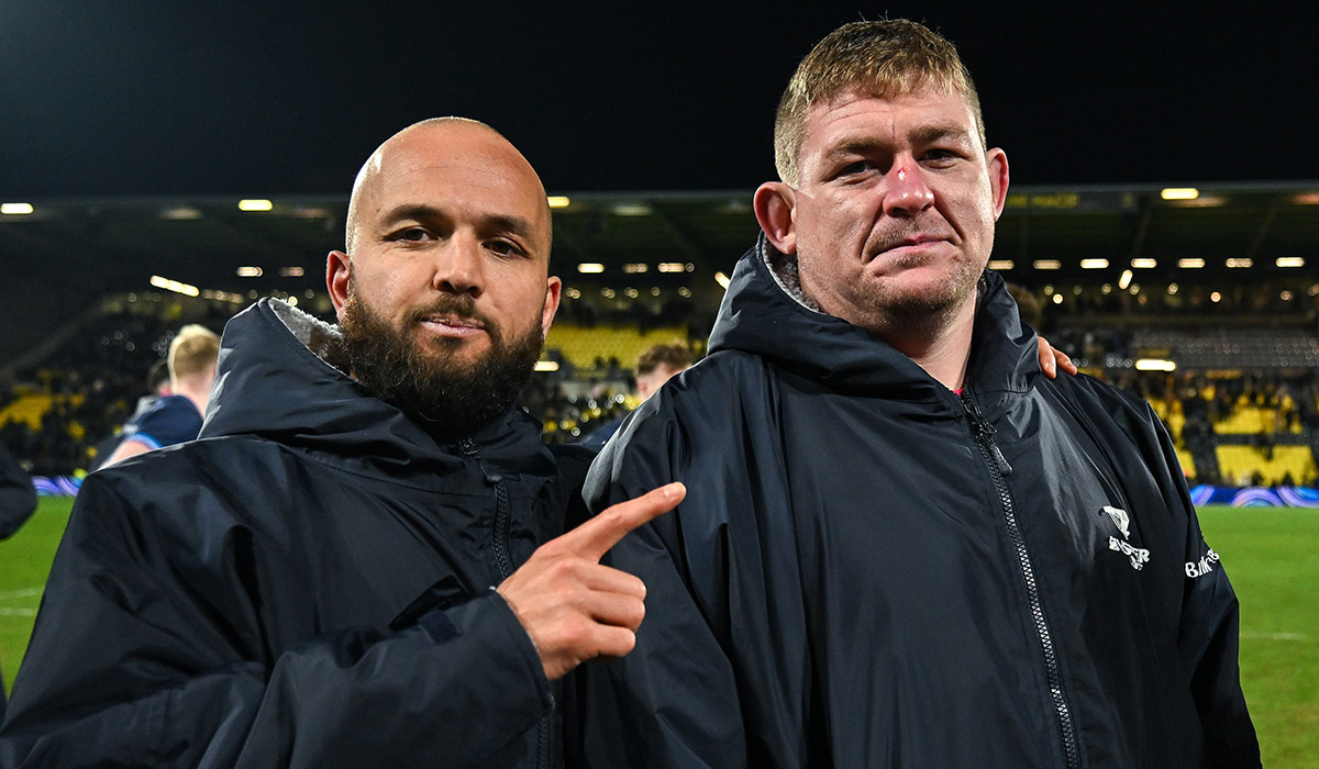 Leinster players who earned their 150th cap during today's game, Jamison Gibson-Park, left, and Tadhg Furlong after the Investec Champions Cup Pool 2 match between Stade Rochelais and Leinster at Stade Marcel Deflandre in La Rochelle, France. Pic: Brendan Moran/Sportsfile