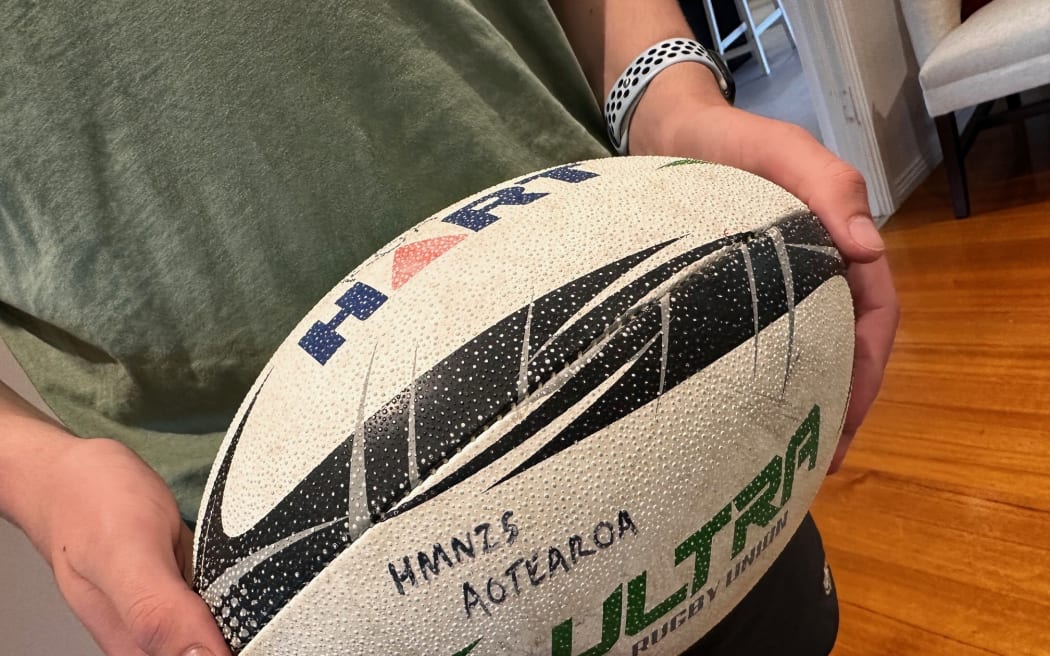 Fifteen-year-old Max El-Tahche of Akaroa, St Helens, Tasmania, found a rugby ball marked ‘HMNZS Aotearoa’ washed up on Blanche Beach.