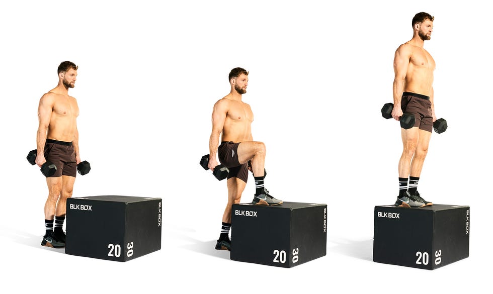 demonstration of a weighted stepup exercise using a step box