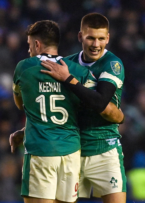 Sam Prendergast, right, and Hugo Keenan of Ireland celebrate at the final whistle of the Guinness Six Nations Rugby Championship match between Scotland and Ireland at Scottish Gas Murrayfield Stadium in Edinburgh, Scotland. Pic: Ramsey Cardy/Sportsfile