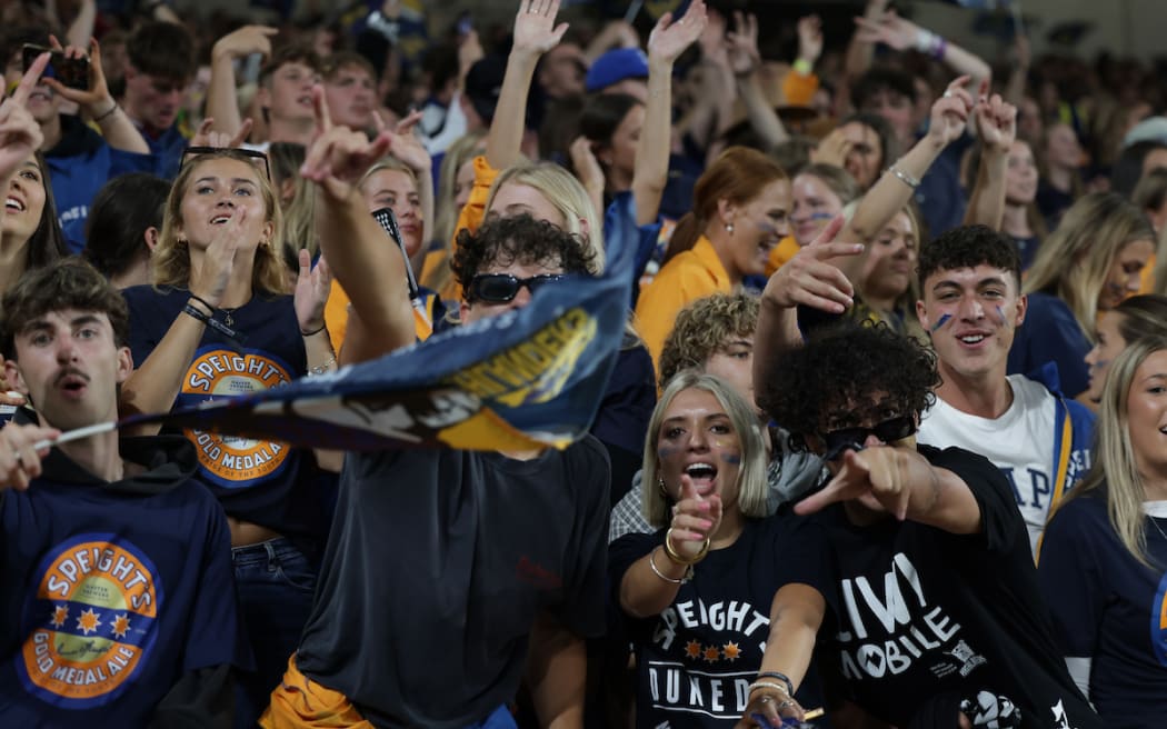 Fans celebrate during the Highlanders vs Blues Super Rugby Pacific at Forsyth Barr Stadium, Dunedin.