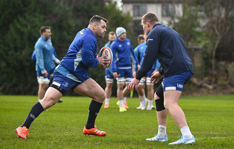 17 December 2024; Cian Healy, left, and Jack Boyle during a Leinster rugby squad training at UCD in Dublin. Photo by Sam Barnes/Sportsfile