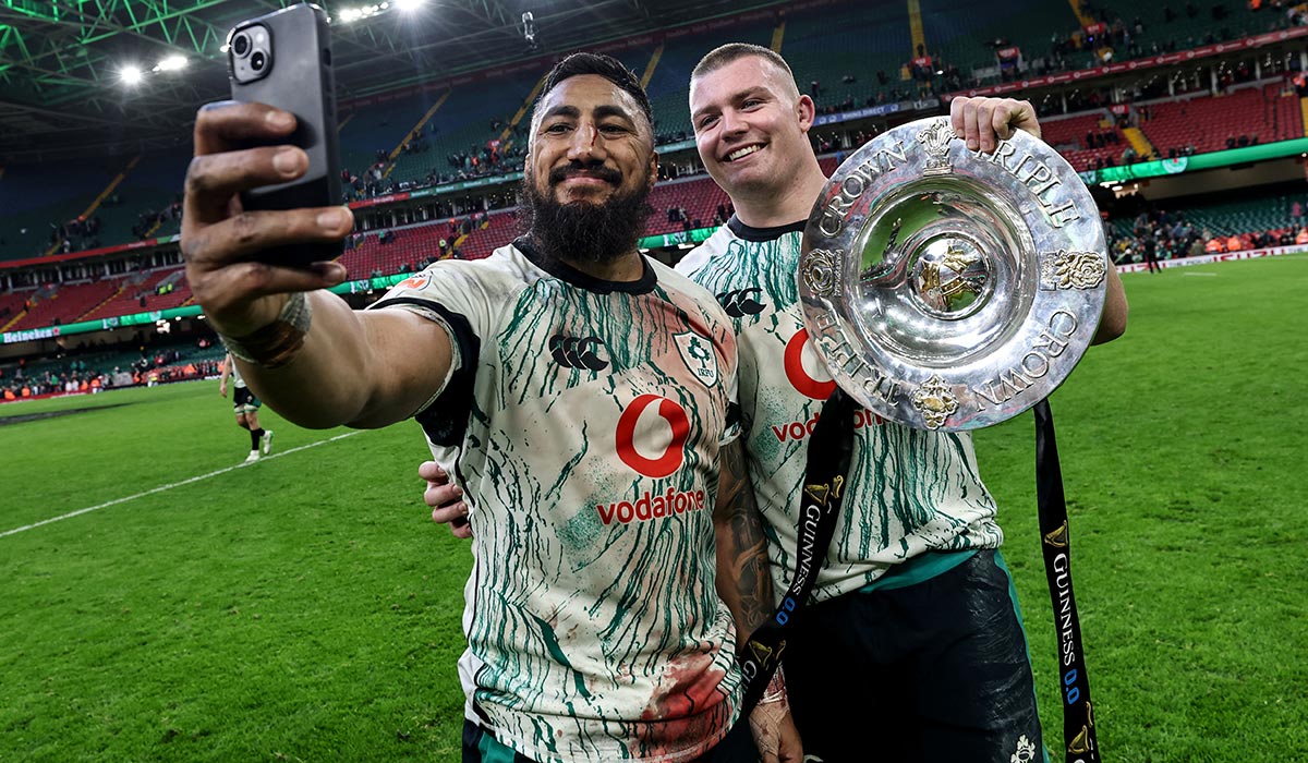 2025 Guinness Six Nations Round 3, Principality Stadium, Cardiff, Wales 22/2/2025 Wales vs Ireland Ireland's Bundee Aki and Jack Boyle celebrate after the game. Pic: INPHO/Dan Sheridan