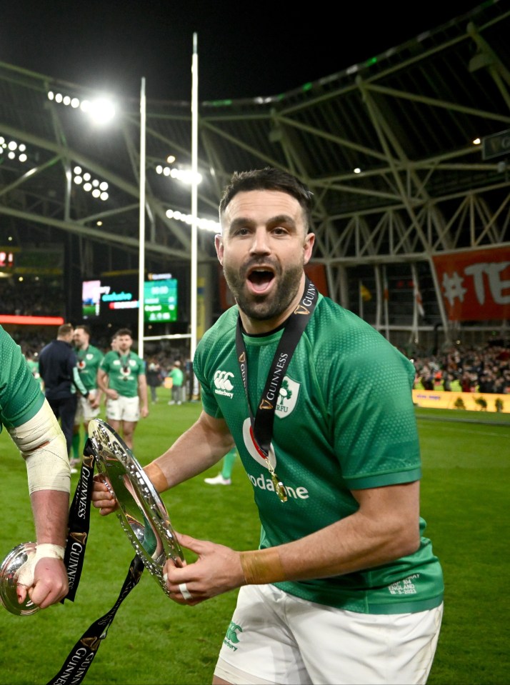 18 March 2023; Tadhg Furlong of Ireland, left, and Conor Murray celebrate with the Six Nations trophy and Triple Crown trophy after the Guinness Six Nations Rugby Championship match between Ireland and England at Aviva Stadium in Dublin. Photo by Harry Murphy/Sportsfile